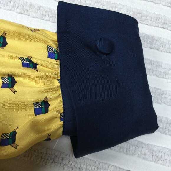 Vintage FRANK YOUNG Size 4 Silk Blouse Yellow Navy Crests Ribbons Button Back - Picture 8 of 8